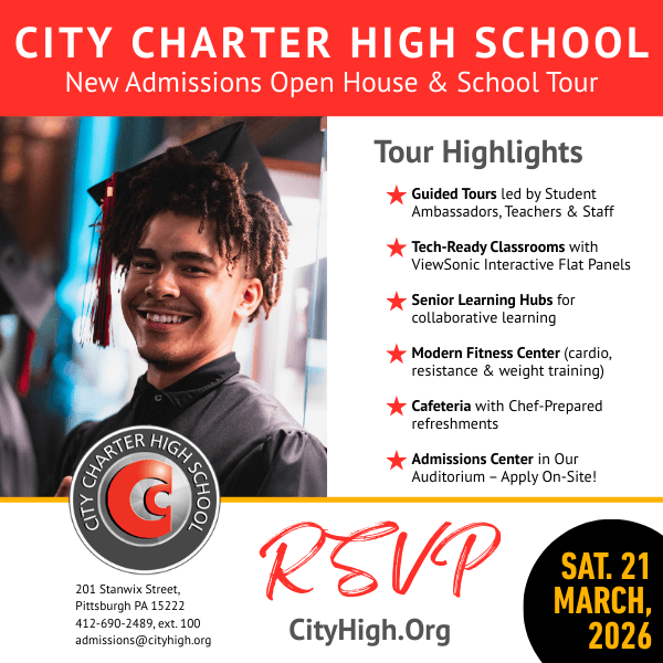 Smiling graduate in cap and gown represents City Charter High School's Open House. Details include tech-ready classrooms, fitness center, and guided tours. Event date: March 21, 2026.