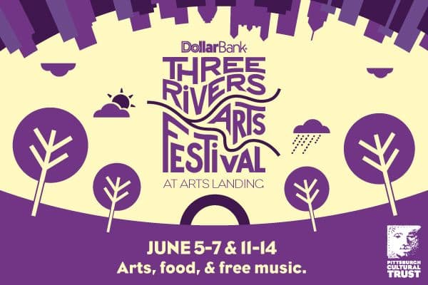 Festival poster with a cityscape and trees in purple tones. Text reads "Three Rivers Arts Festival," dates, and "Arts, food, & free music." Energetic and inviting.
