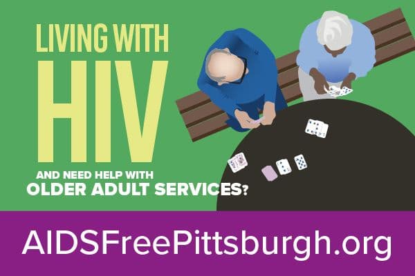 Alt text: "Illustration with text 'Living with HIV and need help with food?' next to a grocery bag filled with vegetables and a baguette. Website: AIDSFreePittsburgh.org."
