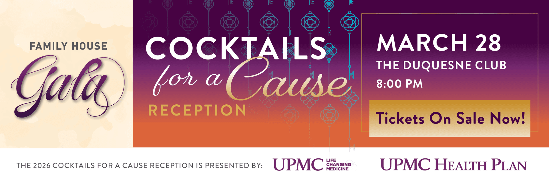 Image promoting Family House Gala on March 28th at the Duquesne Club at 8 P.M. Button reads "tickets on sale now!"