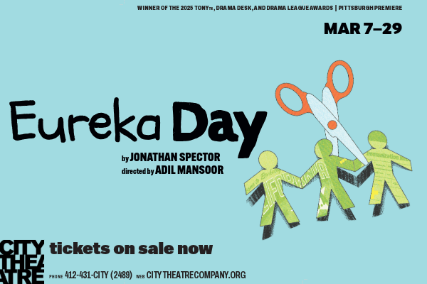 Promotional image for "Eureka Day" at City Theatre. Scissors cut green paper dolls. Text highlights show dates as March 7-29 and awards won.